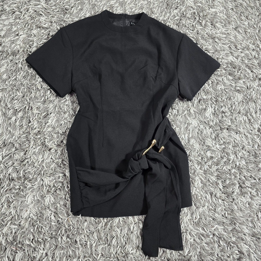 Lioness Black Short Sleeve Mini Dress with Side Tie Detail LD1028-2412 Size L